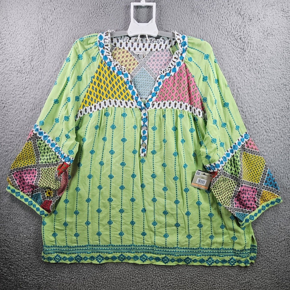 $139 NEW‎ John Mark Embroidered Top Blouse Women 2X Split Neck Green Blue